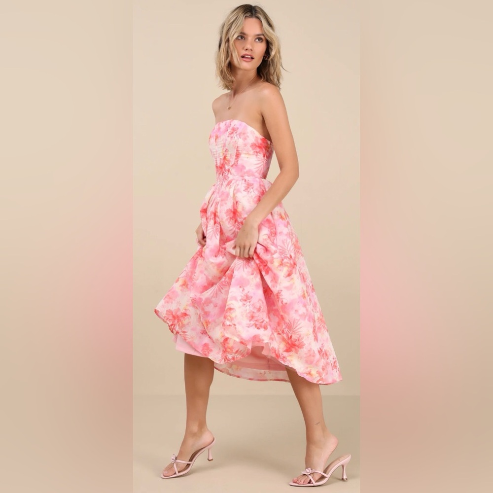 Eulalia Pink Floral Lace-Up Strapless Bustier Midi Dress NWT SZ M
